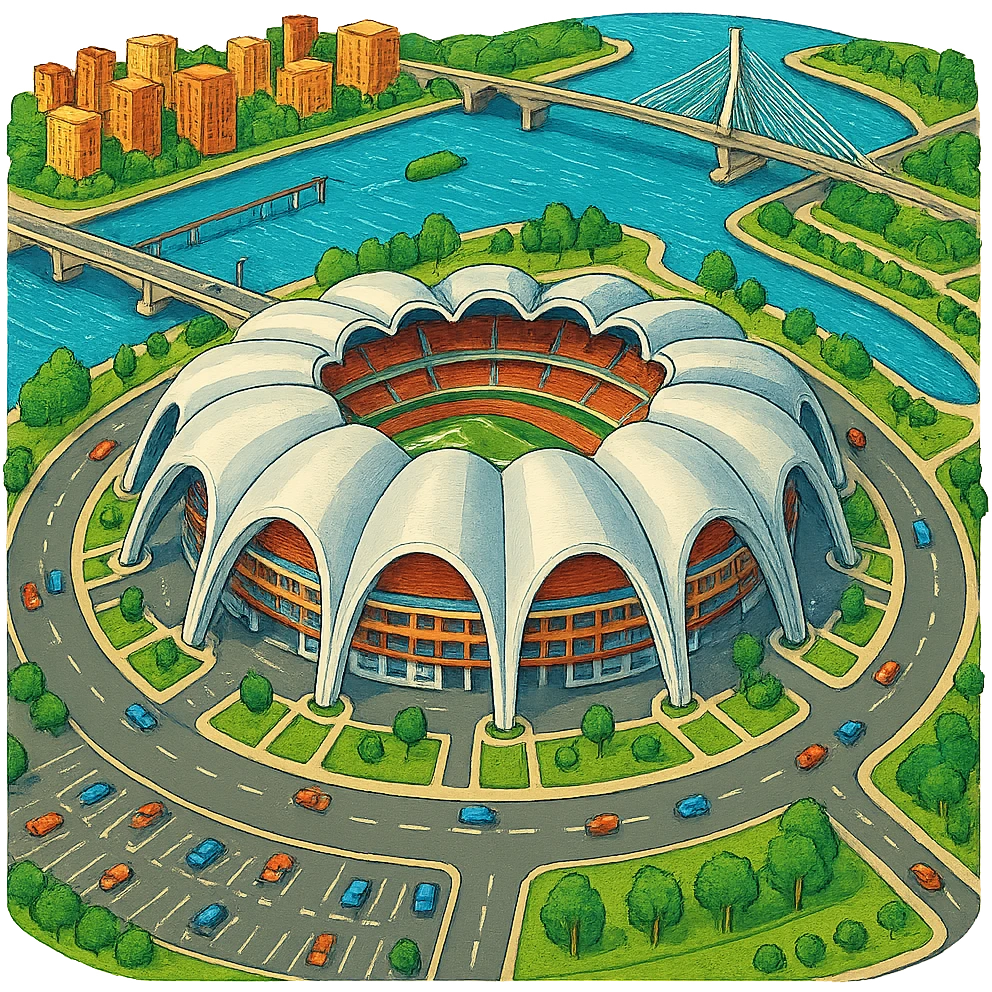 Изометричная, яркая, детализированная иллюстрация стадиона Rungrado 1st of May Stadium в стиле 3D-коллажей городов, насыщенные цвета, аккуратные линии, мультяшно-реалистичная стилистика. Чёткие контуры, прозрачный фон, высокое качество. emoji
