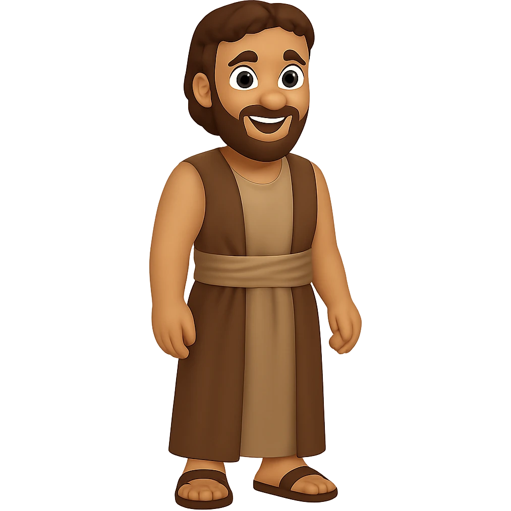 Create a centered full body image of Apostle Peter facing straight, wearing a sleeveless shirt and plain robes in classic emoji style. Use a brown clothes color palette with beige details in reverse color palette. He should be smiling with no background. The style should mimic classic emoji style with no background. emoji
