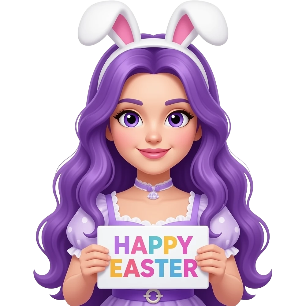 sexy girl with long purple hair and purple eyes wearing a easter dress holding a HAPPY EASTER sign emoji