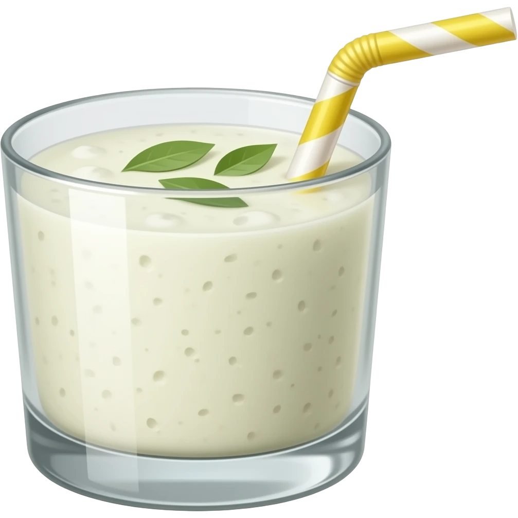 fresh smoothie coconut in a tiny glass with a yellow striped straw emoji