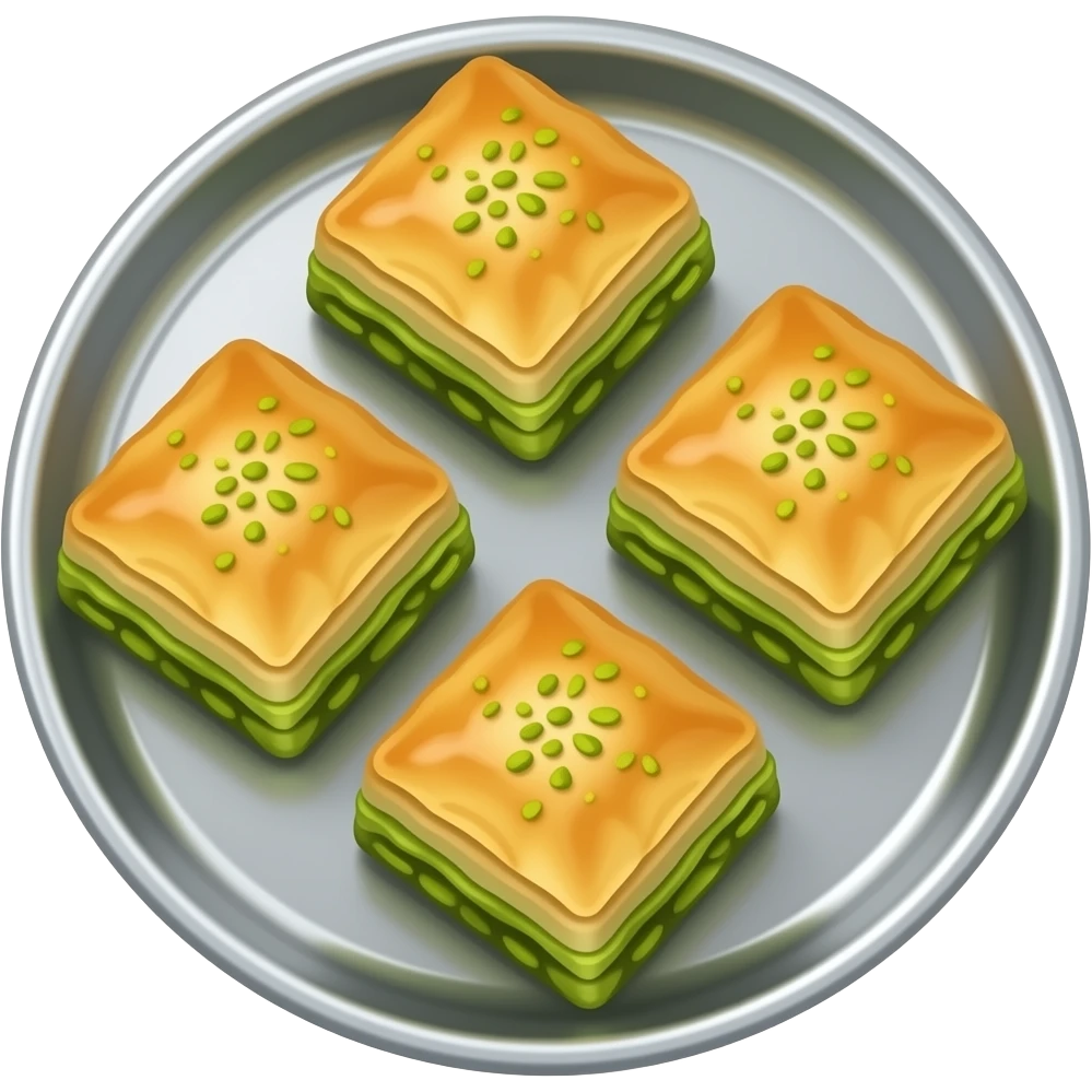 Yuvarlak gümüş bir tepside kare dilimlenmiş 6 adet fıstıklı baklavalar emoji