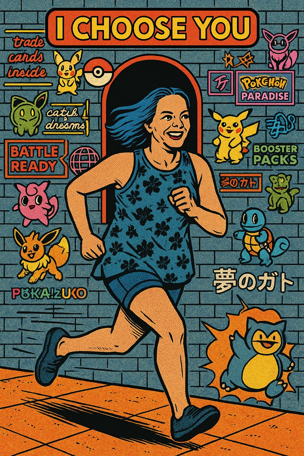 Woman with blue hair running in a city emoji