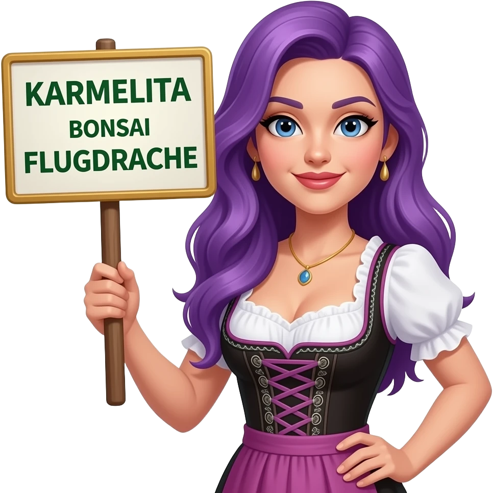 sexy girl with long purple hair wearing a dirndl holding a KARMELITA BONSAI FLUGDRACHE sign emoji