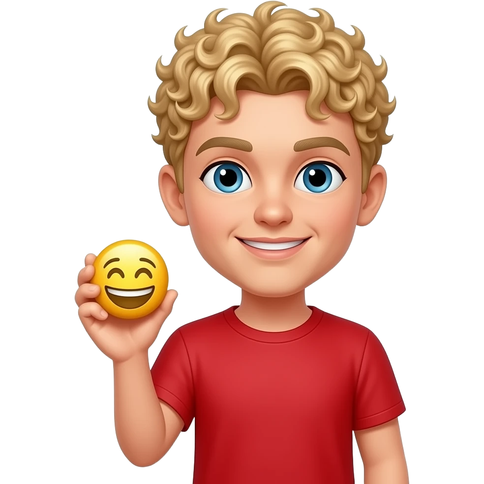short blonde tight curly hair with a yellow emoji in a red short sleeve short emoji