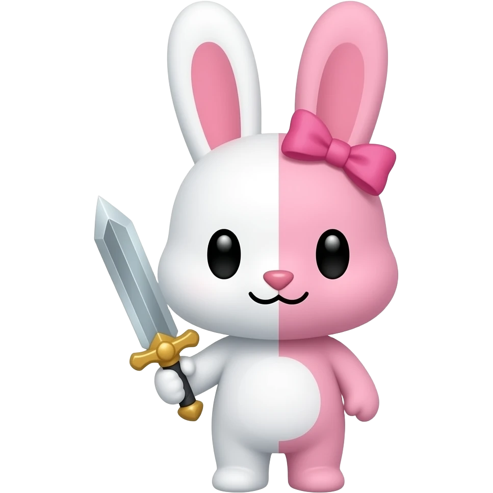 Um coelho de pelúcia metade branco é rosa as duas metafes com a cara fofa lacinho rosa na cabeça orelhas pra cima segurando uma espada com expressão malignaela se chama monomi emoji