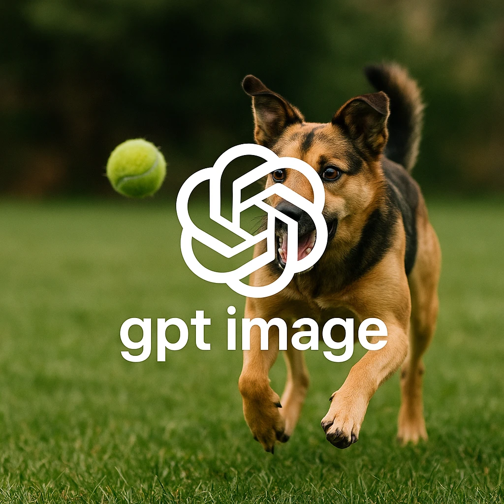  logo of chat gpt with text "gpt image" on the background of a dog chasing ball, realistic image emoji