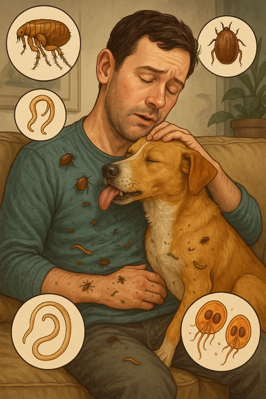 "Man cuddling with his beloved dog on couch, unaware that fleas, ticks, and worms are jumping from pet's fur onto his clothing, microscopic visualization showing roundworms, hookworms, and giardia transferring between species, expression of loving pet owner ignorant of health risks, living room becoming cross-contamination zone, pet's scratching and licking spreading parasites to human environment" in italiano emoji