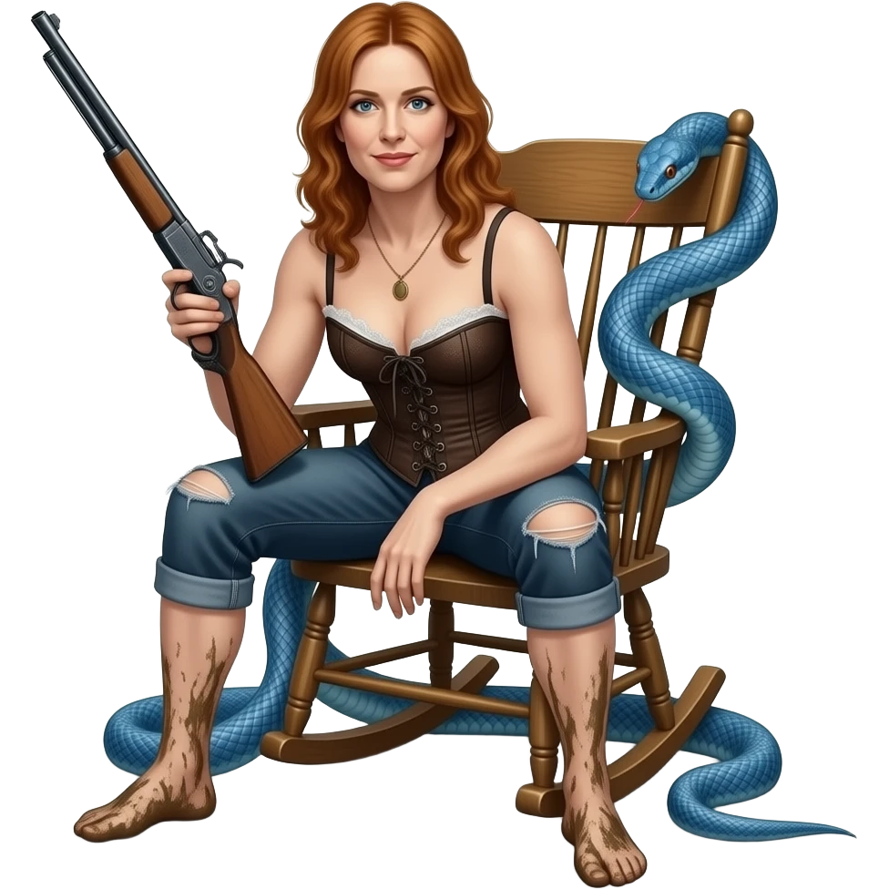 solarpunk ultra HD old and tired Tori Amos casually crouches on a rocking chair in a torn corset, holding a vintage lintlock double-barreled rifle and with muddy feet. a blue snake wrapped itself around the chair emoji