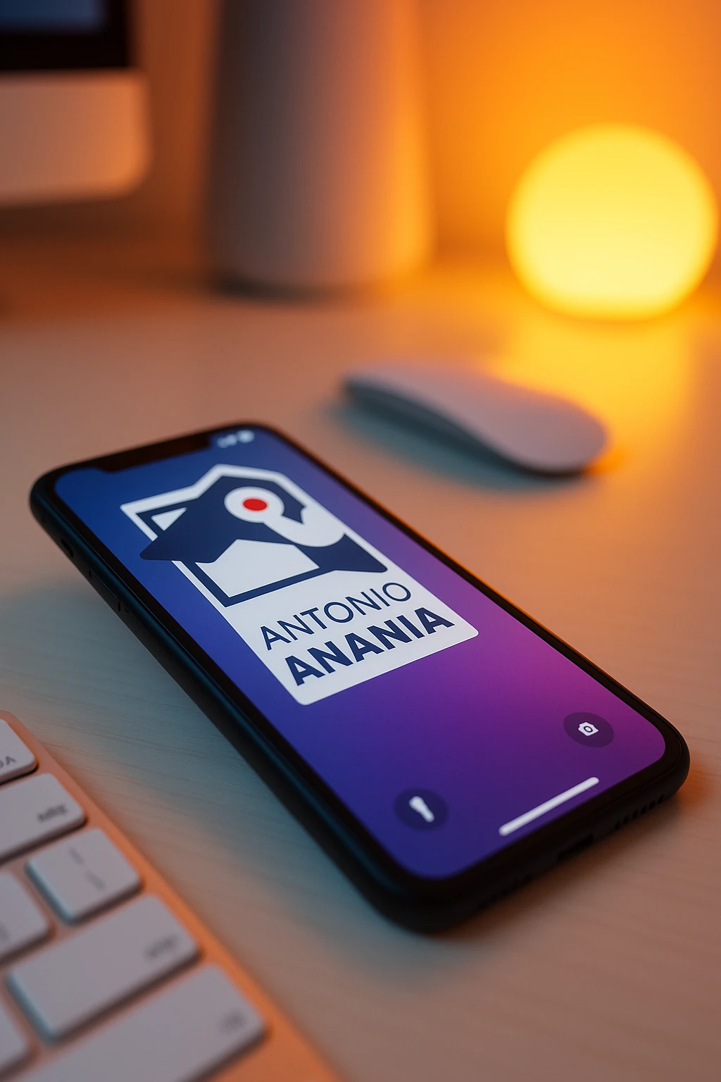 A photo of an iPhone on the desk with the message "Antonio Anania" on its screen, The phone sits atop a desk with a blurred background that suggests work environment. A faint glow from above casts gentle shadows across the surface of each object, creating depth and highlighting their textures emoji