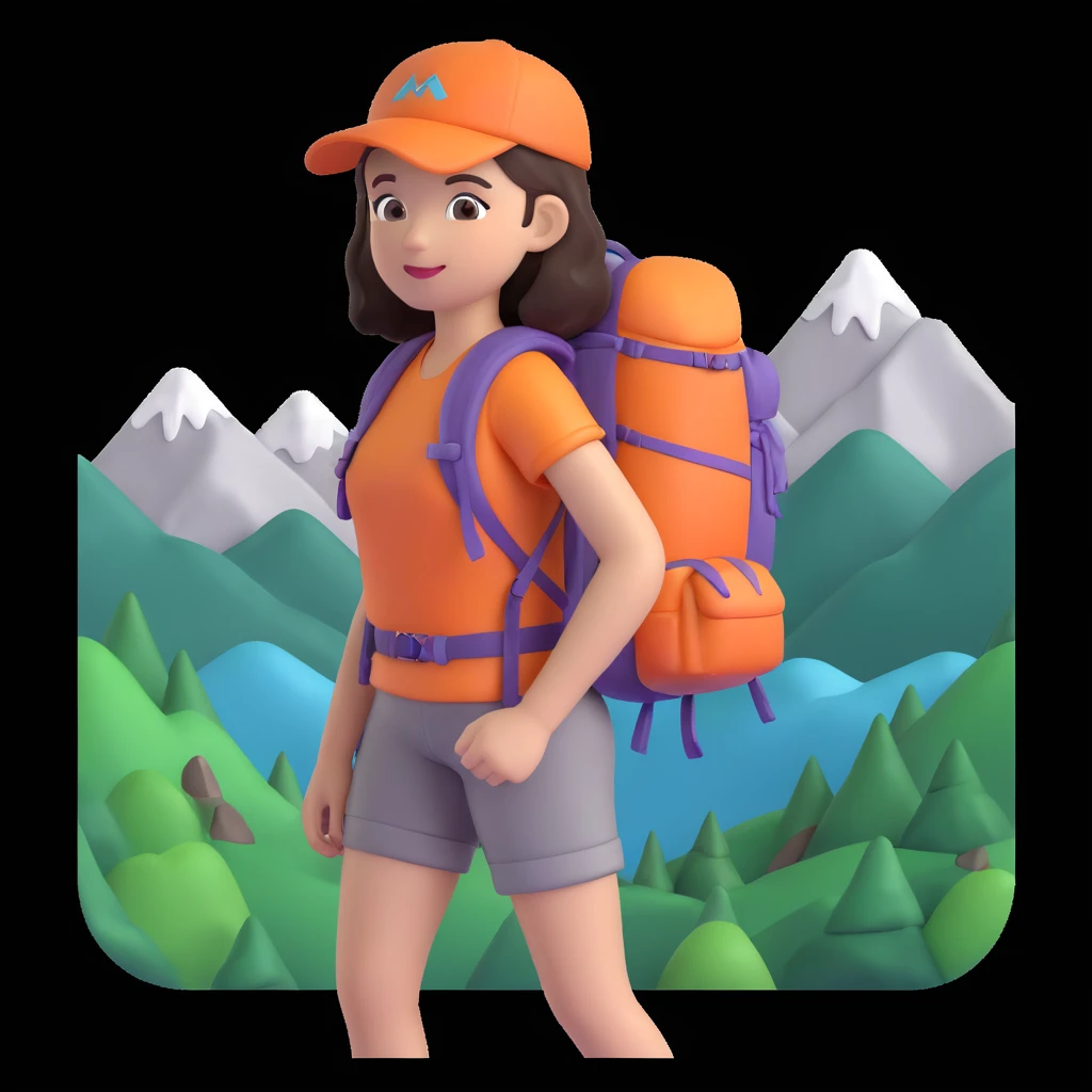 portrait of girl back packing mountains in background, close up pose emoji