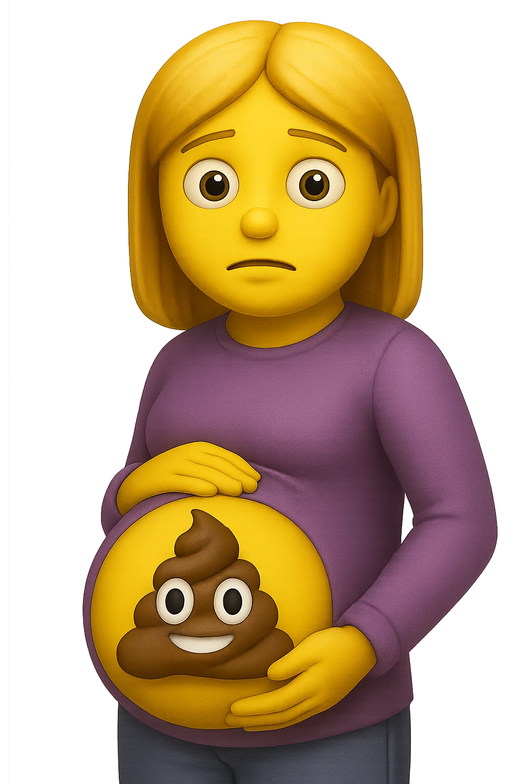 emoji stile iphone di una donna con pancia gonfia piena di cacche con gli occhi, iperrealistico 4k emoji