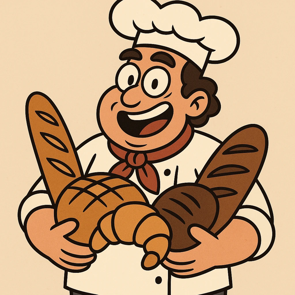 baker holding various breads, wearing baker's hat, lively atmosphere, simple illustration emoji