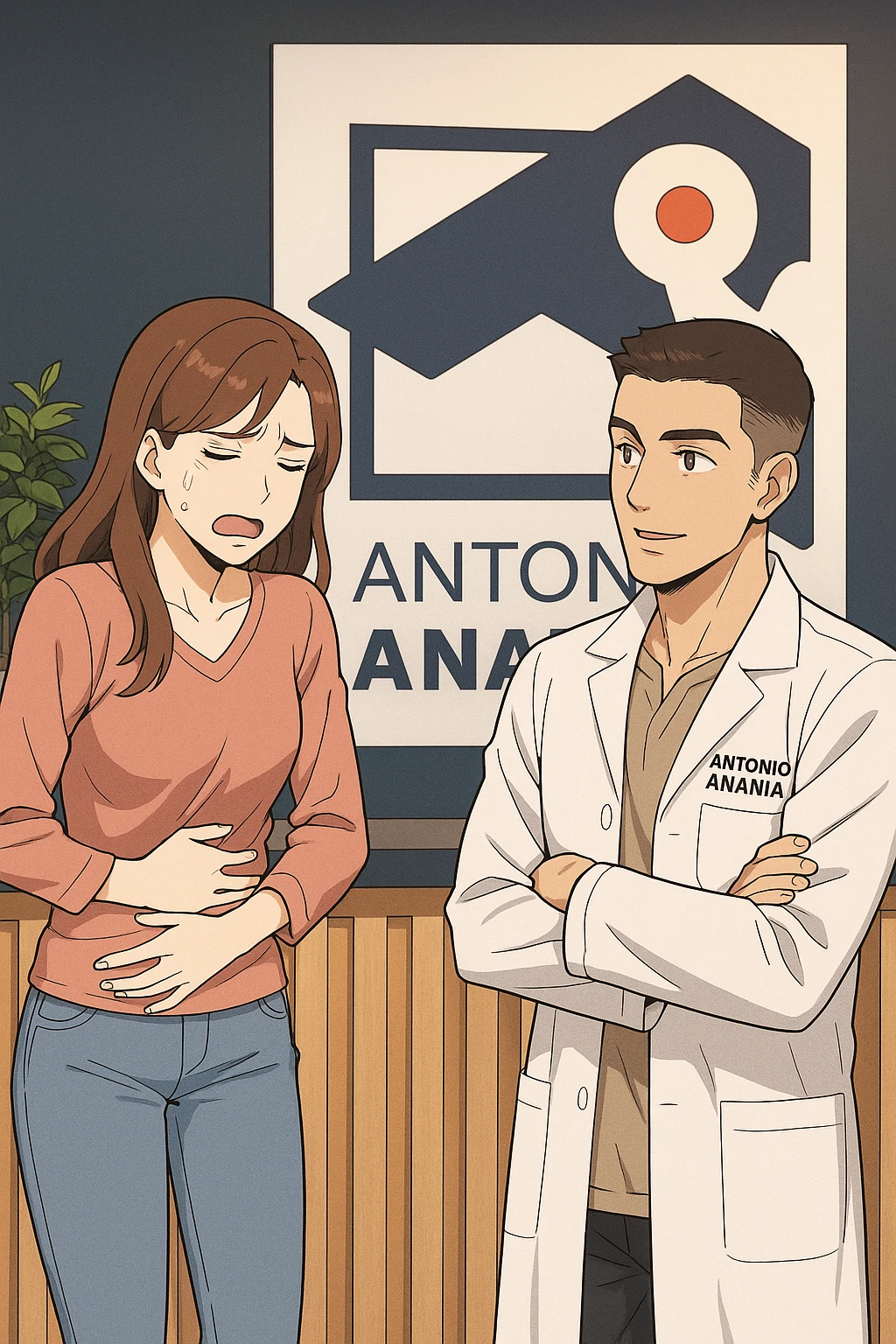 su questo stile fai un manga/webtoon a colori in cui una donna si lamenta che sta male e ha mal di pancia, l'uomo della foto in stile manga gli risponde, mantieni un ambiente simile alla foto che ho allegato con il suo logo (sarebbe il suo studio, lui è un kinesiologo), scrivigli "ANTONIO ANANIA" sul camice bianco, non mettere fumetti, ma fai in modo che sembri che la donna chiede una cosa e l'uomo risponde alla sua domanda emoji