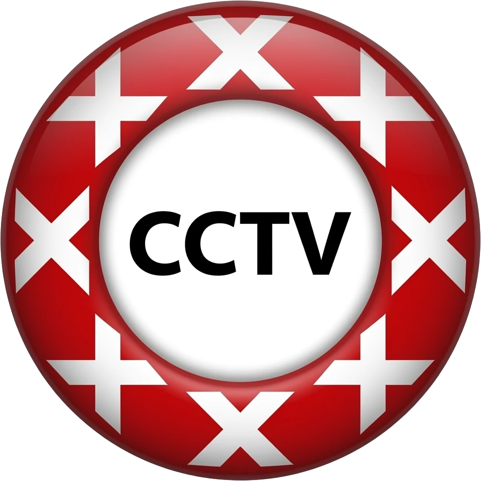 Red filled circle with white X and arrow on all end points on the X white circle in the middle. Big bold CCTV word in the centre in black emoji