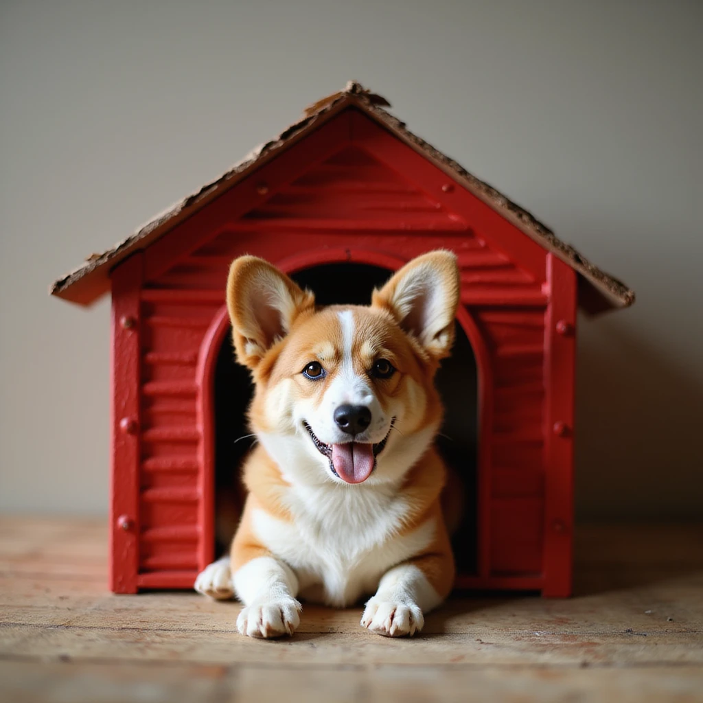 realistic red dog house with a Corgi dog inside, Corgi with a plush toy, photorealistic style emoji