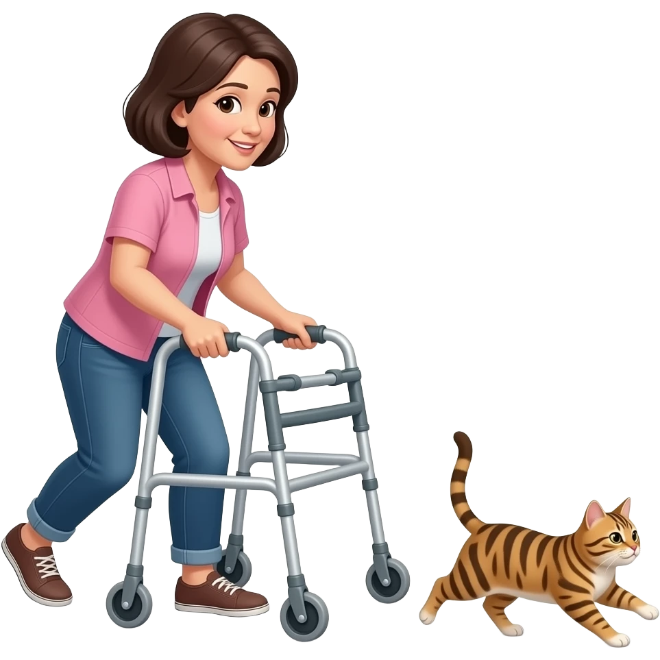 Middle aged, dark haired woman using walker chasing a tabby cat emoji