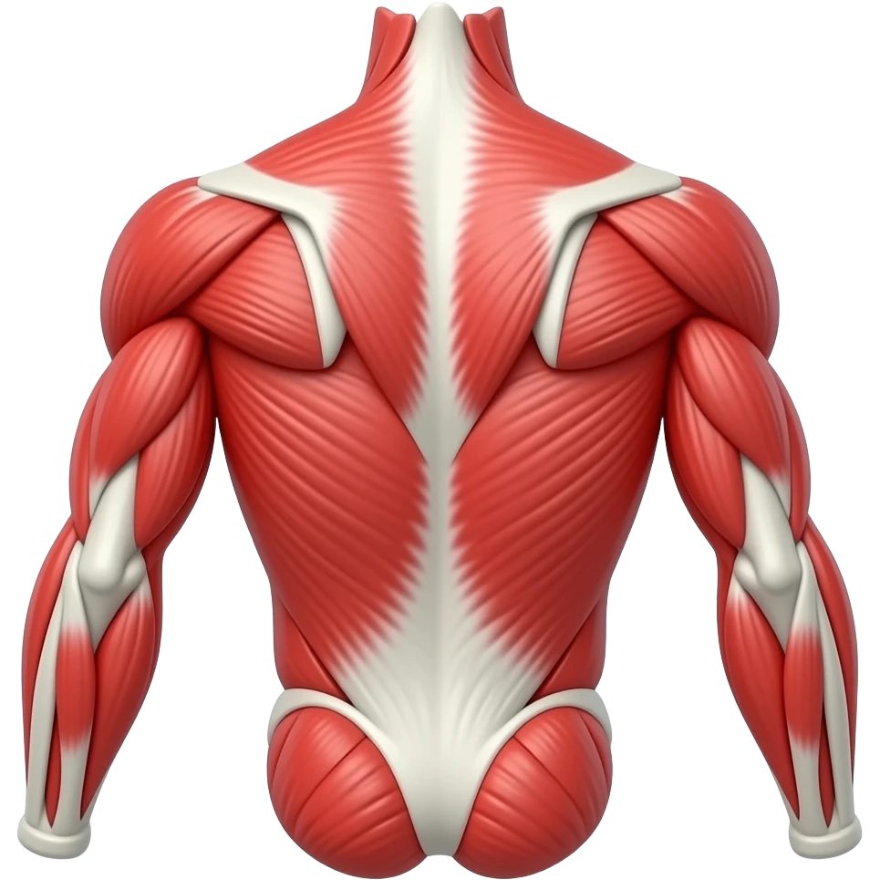 Anatomical male upper arm, back view, no skin, muscles exposed. Triceps brachii dominant with 3 visible heads (long, lateral, medial), colored in bright red. All surrounding muscles and tendons in white/light grey. Emoji-like 3D cartoon icon, white background, no text. emoji