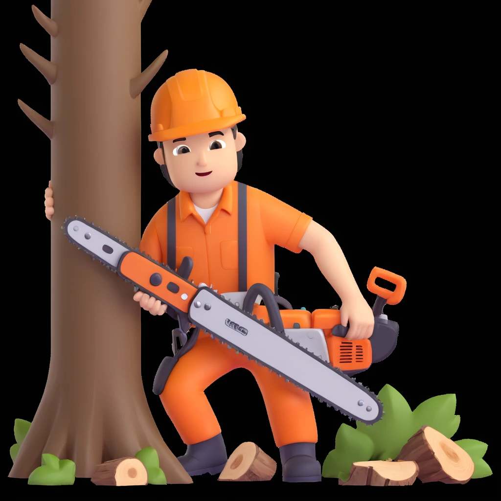 professional arborist cutting down a large tree with chainsaw, wearing safety helmet and protective gear. Scene includes detailed tree trunk, falling wood pieces, forest background, dynamic movement, and emphasis on expertise and safety in tree removal emoji
