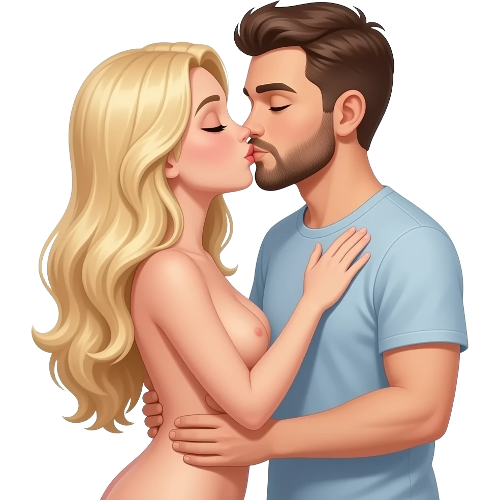 I full body of a long blonde naked woman kiss a 23 year old man with a beard emoji