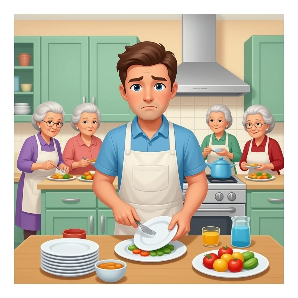 a tired young man doing dishes while many old ladies enjoy food in a kitty emoji