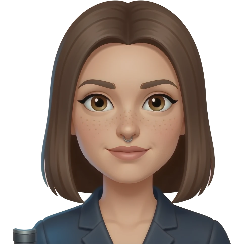 Female princess with blue lightsaber,slightly lighter skin tone , with shoulder length straight hair and a nose ring, freckles around nose emoji