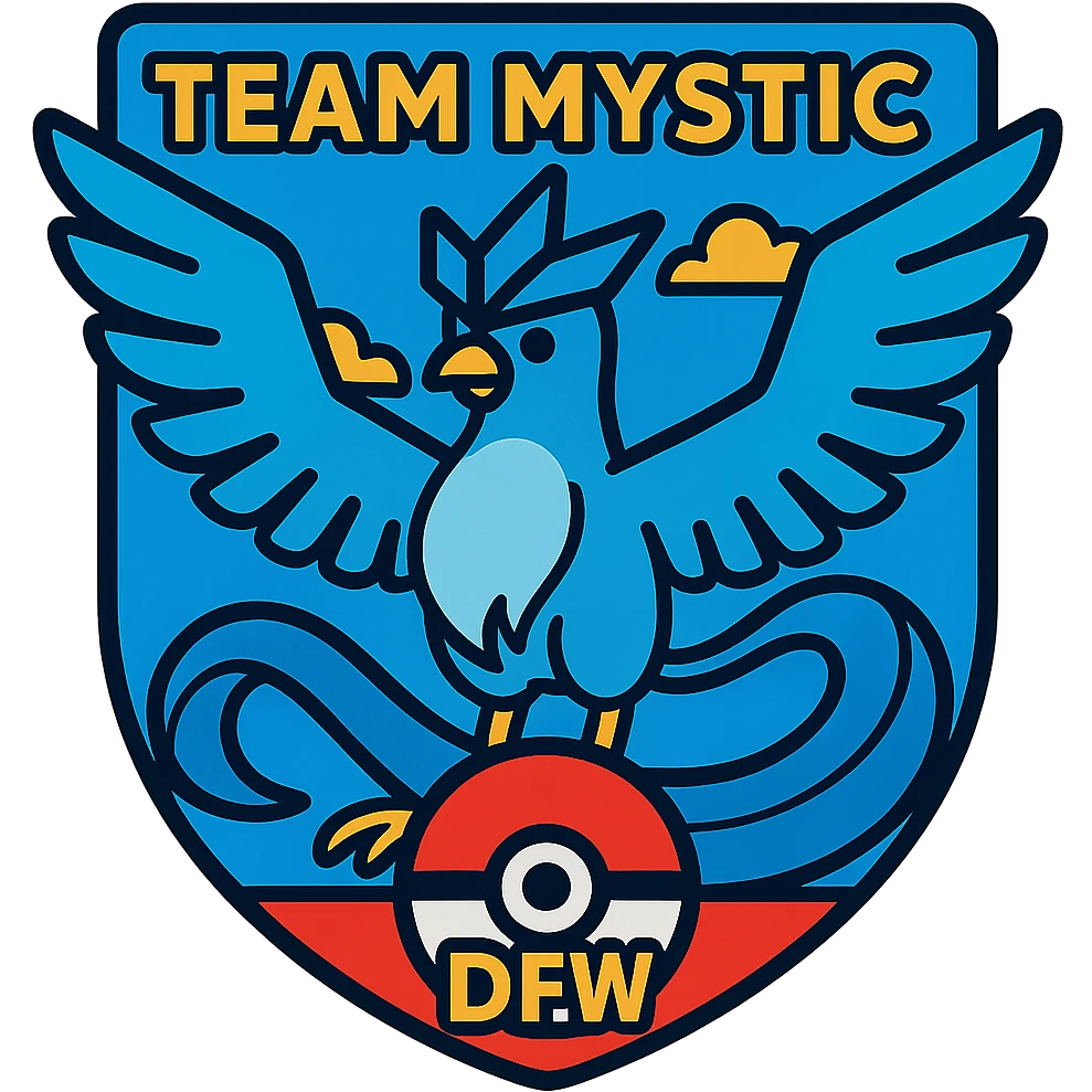 Incorporate a Pokéball into the badge-style Team Mystic DFW logo, using electric blue accents and keeping Articuno as the focus, enhancing the badge design. emoji