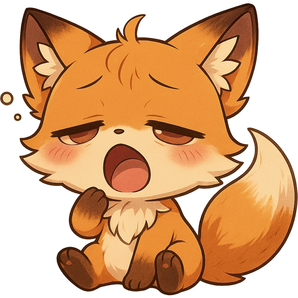 chibi anime style fox character, very sleepy, eyes half-closed, yawning, cute, colorful, detailed emoji