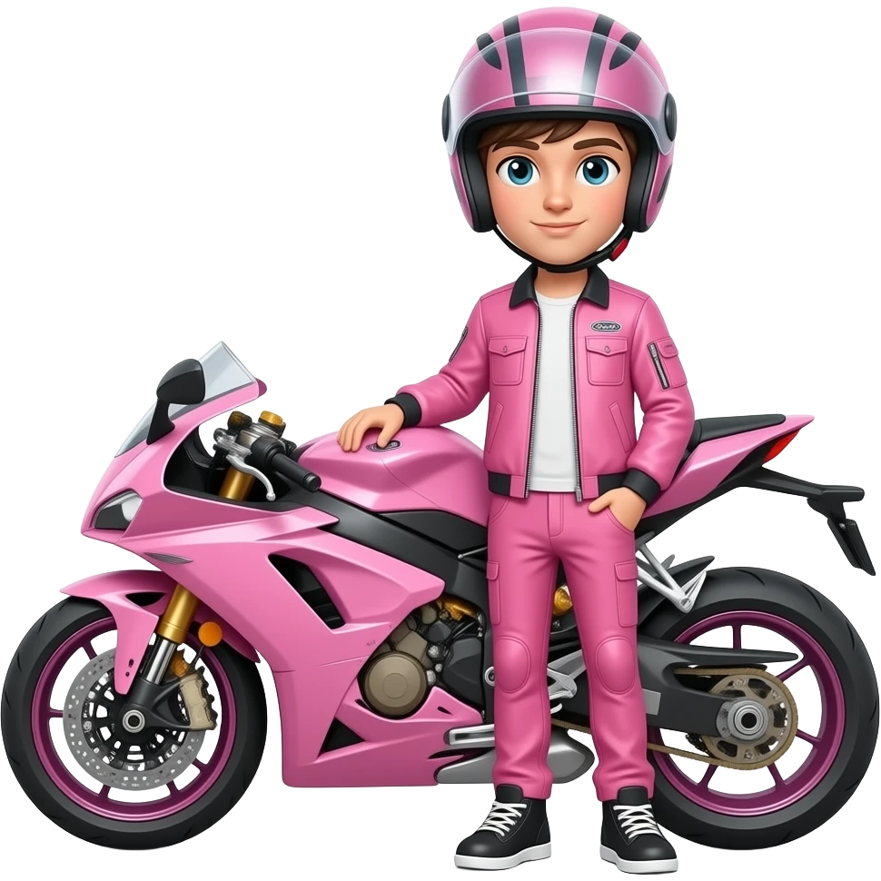 sexy boy with a motorcycle helmet in pink clothes and a pink motorcycle emoji