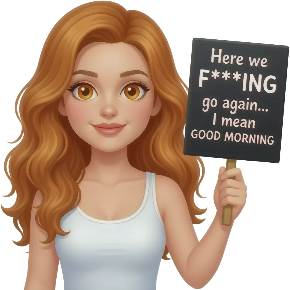sexy girl with long wavy ginger hair and ginger eyes wearing a white tanktop is holding a black colored sign with Here we F***ING go again... I mean GOOD MORNING written on it emoji