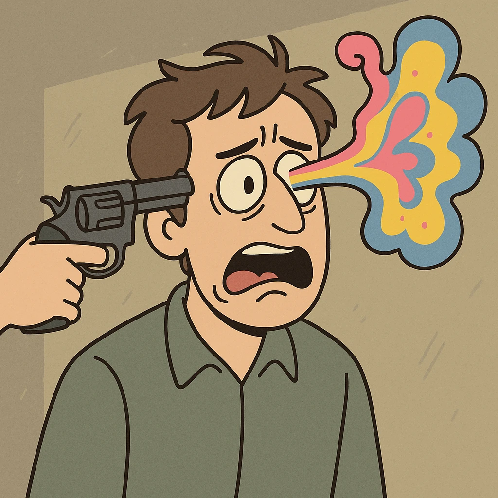 dramatic cartoon of a person with a gun to their head, surreal metaphorical twist, no blood emoji