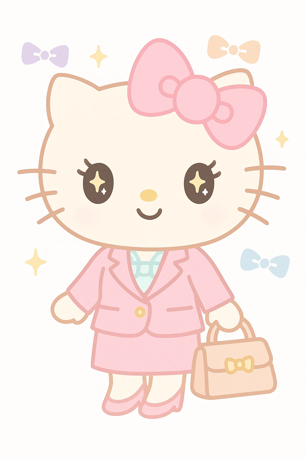 luxurious corporate girly character inspired by the Hello Kitty world, wearing a chic business suit with pink and gold accents, holding a designer handbag, surrounded by subtle bows and sparkles, kawaii style emoji