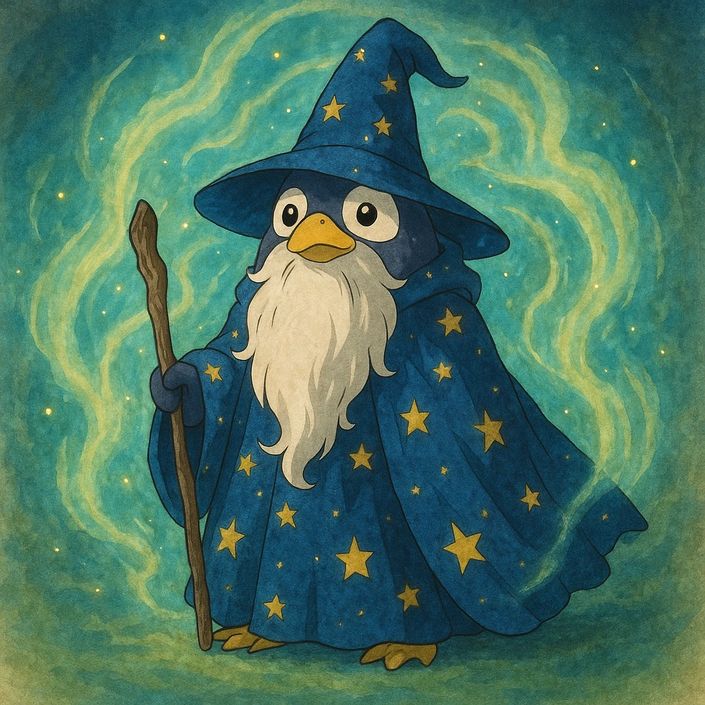 a penguin wizard with a long beard, starry cloak, and magical aura, in a fantasy illustration style emoji