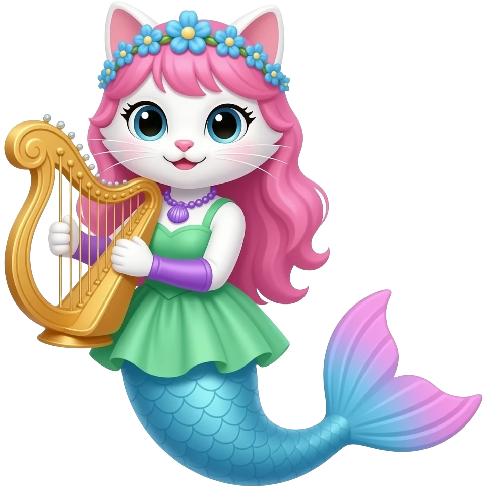 white cat with pink hair blue flower crown with light purple shell necklace green dress attached to light blue mermaid tail with pink fins purple gloves holding a golden harp artistic creation, beautiful art emoji