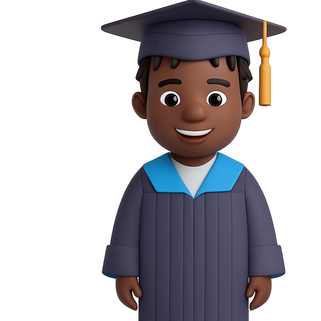 Transform the image into a male African American graduate with twists hairstyle, wearing cap and gown, smiling. Remove the background entirely for a clean isolated subject. emoji