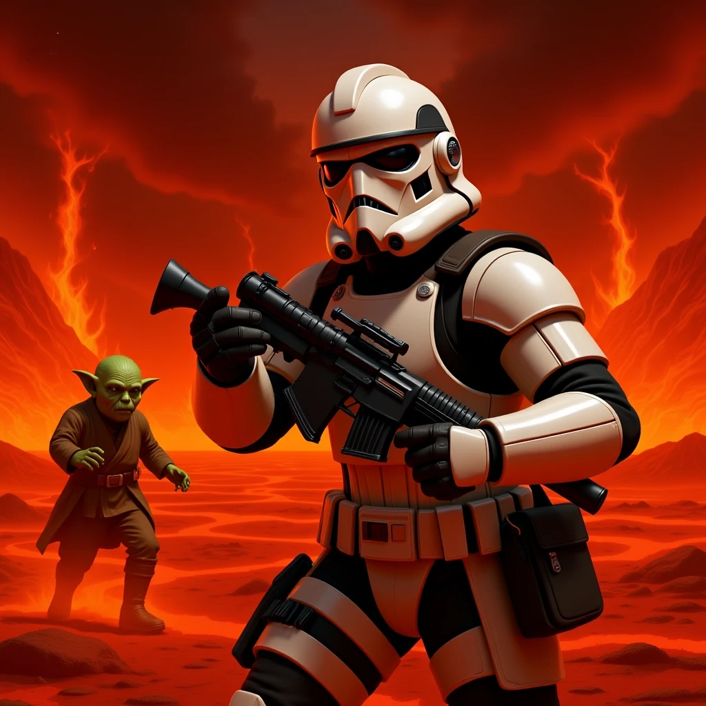 make digital poster art of Camera POV, Starwars stormtroopers vlogging selfie, he is walking on lava planet with yoda
 emoji