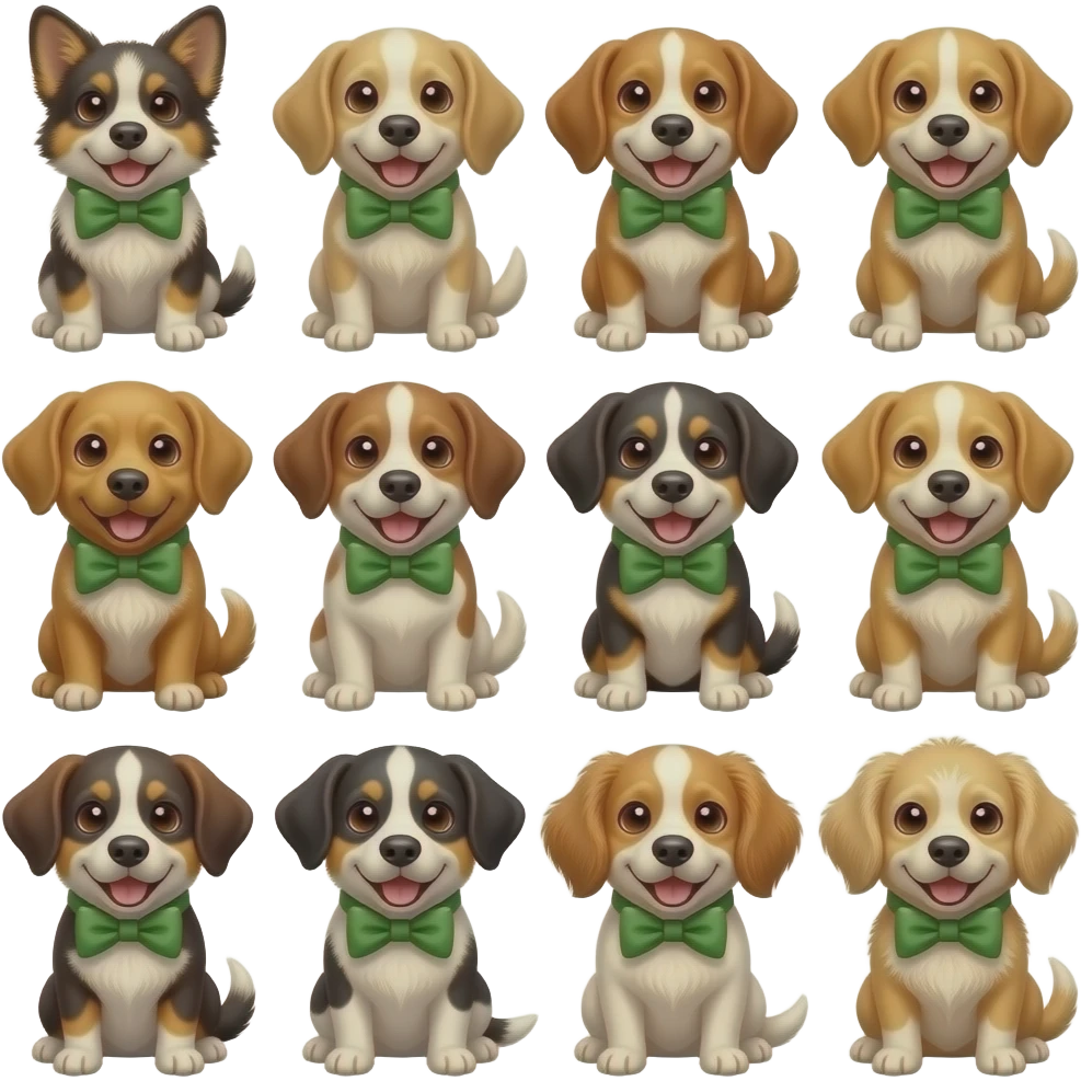 Dogs with Green BowtiesA collage of many cute dogs wearing green bowties, various breeds and poses, playful and happy, bright lighting, high resolution, detailed fur, aesthetic layout emoji