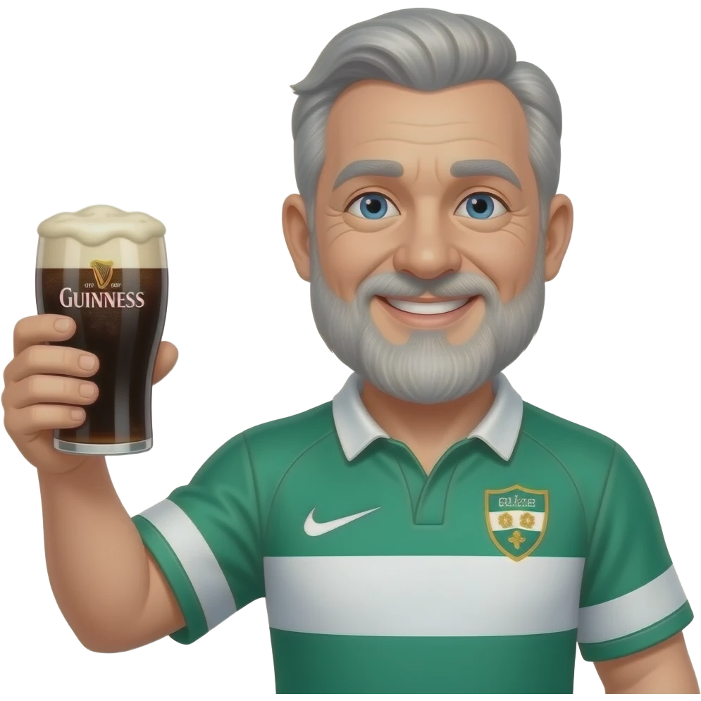 Smiling grey haired man with beard in an ireland rugby shirt raising a glass of Guinness emoji