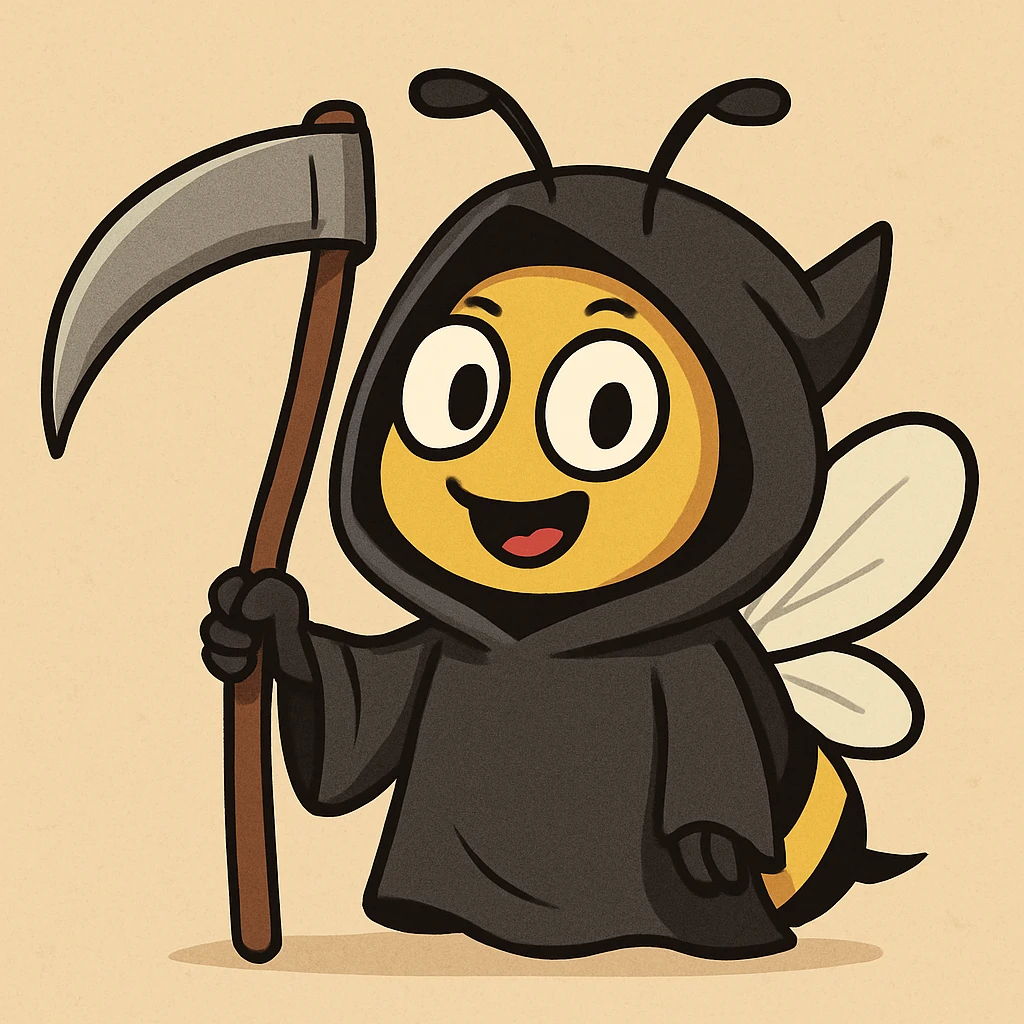 cartoon bee reimagined as a friendly grim reaper, with a cloak and bee antennae emoji