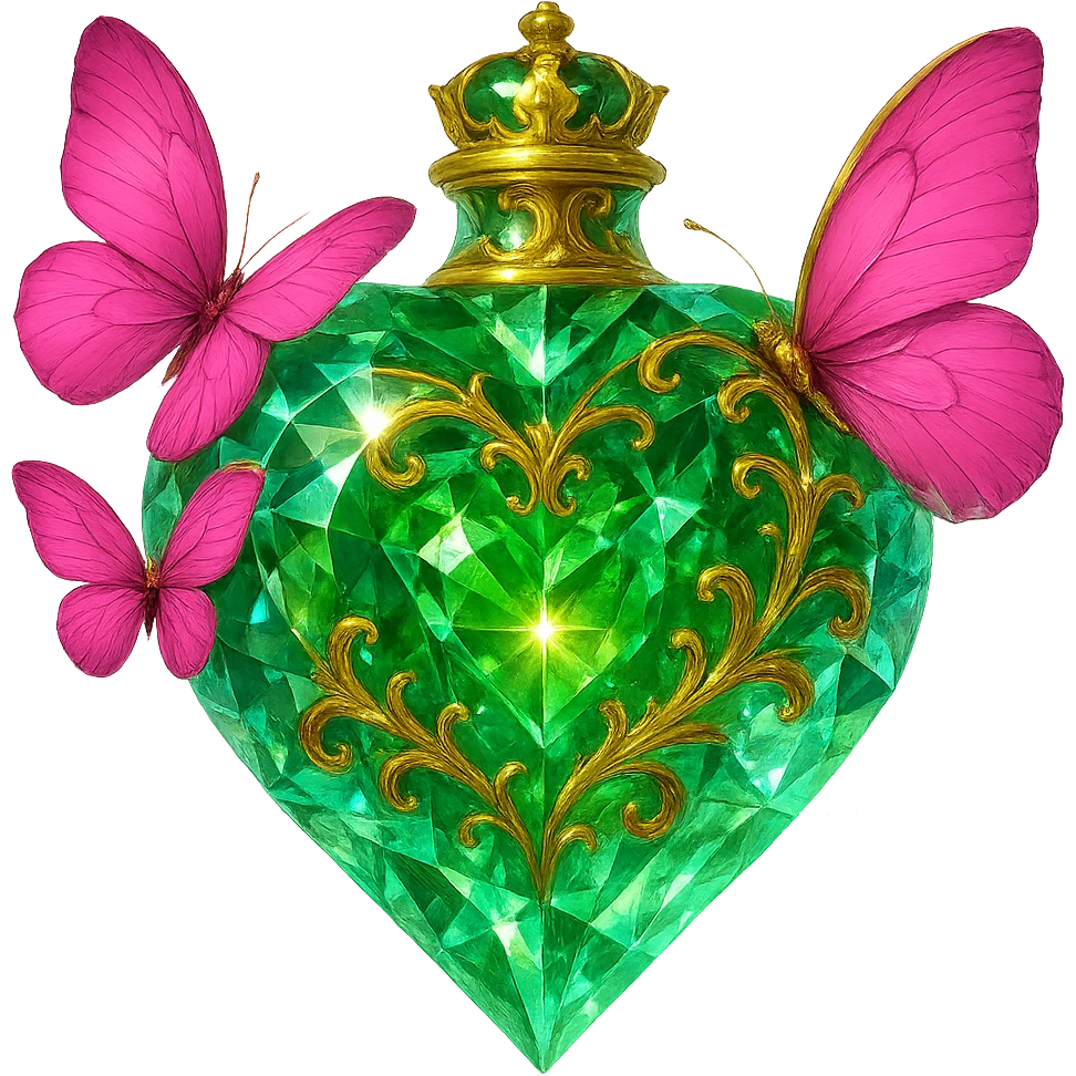 Make the bottle clearly crystalline with visible edges, strong glow, light reflections, and transparency to resemble a gemstone. Keep the green heart shape, golden details, and pink butterflies attached to the bottle. The background should be transparent with a beautiful merging bottom, the bottle should appear floating in the air, and have a small crown as the stopper on top. The design must be elegant, bright, with no base or shadow. Style: elegant, bright, gemstone-like crystalline bottle with green heart, gold details, and pink butterflies, transparent background, floating, small crown stopper. emoji