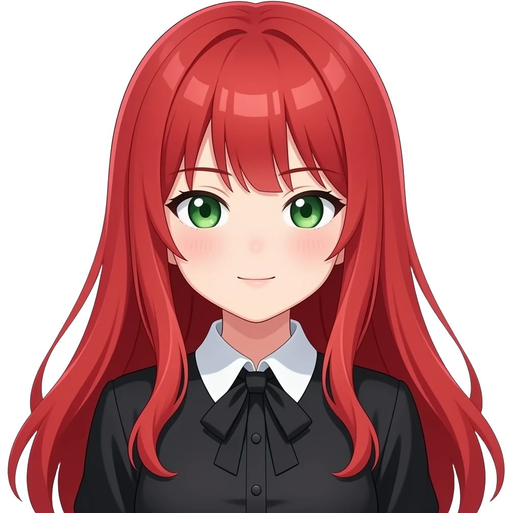 anime girl squinting long red hair green eyes black blouse with white collar emoji