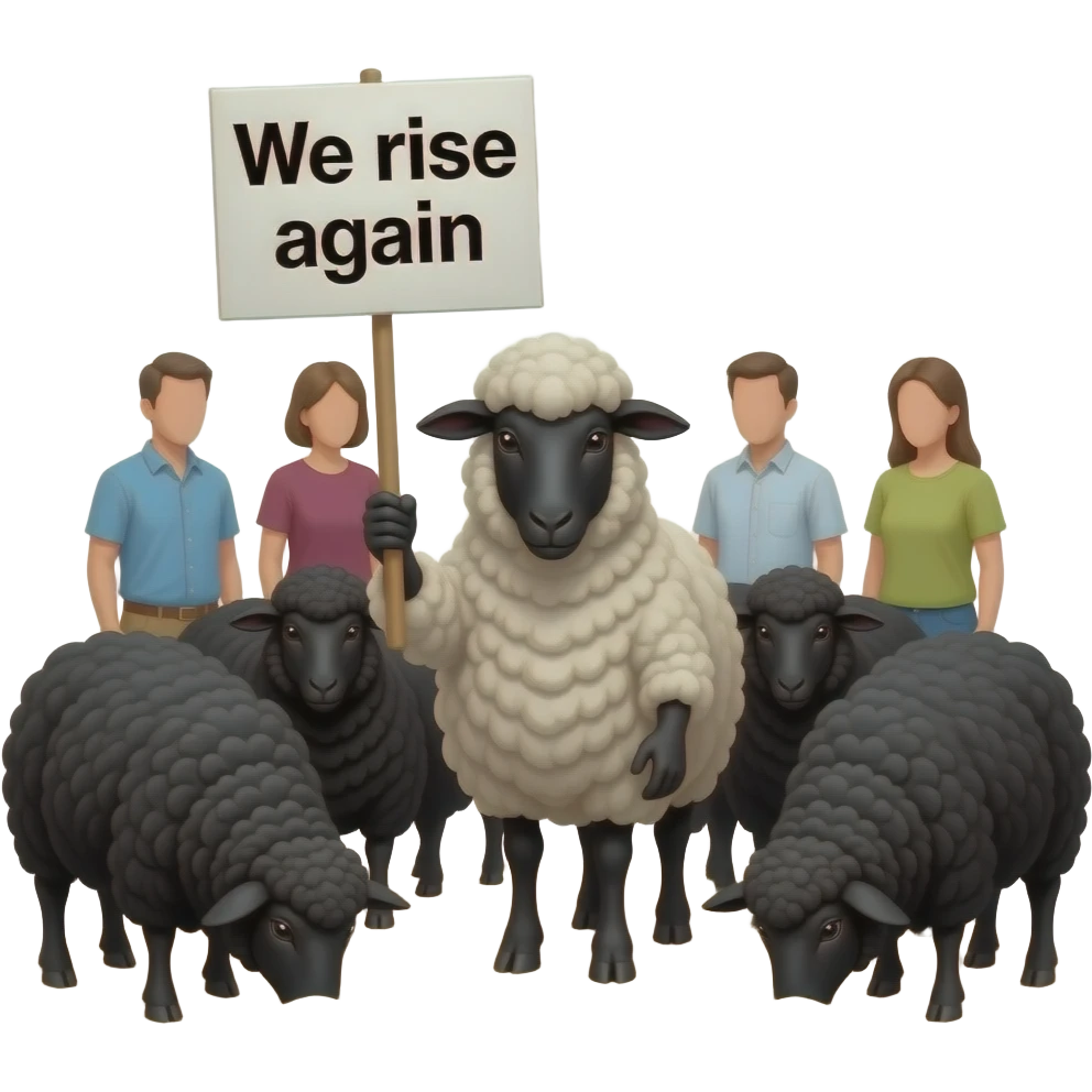 Black sheep with a sign saying “We rise again” with a black flock around the main guy. but behind the flock is people burying their heads in the sand. make the sand more noticeable emoji