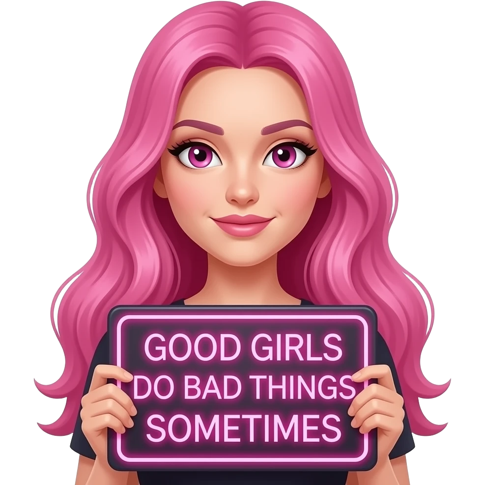 sexy girl with long pink hair and pink eyes wearing a holding a GOOD GIRLS do BAD THINGS sometimes sign emoji