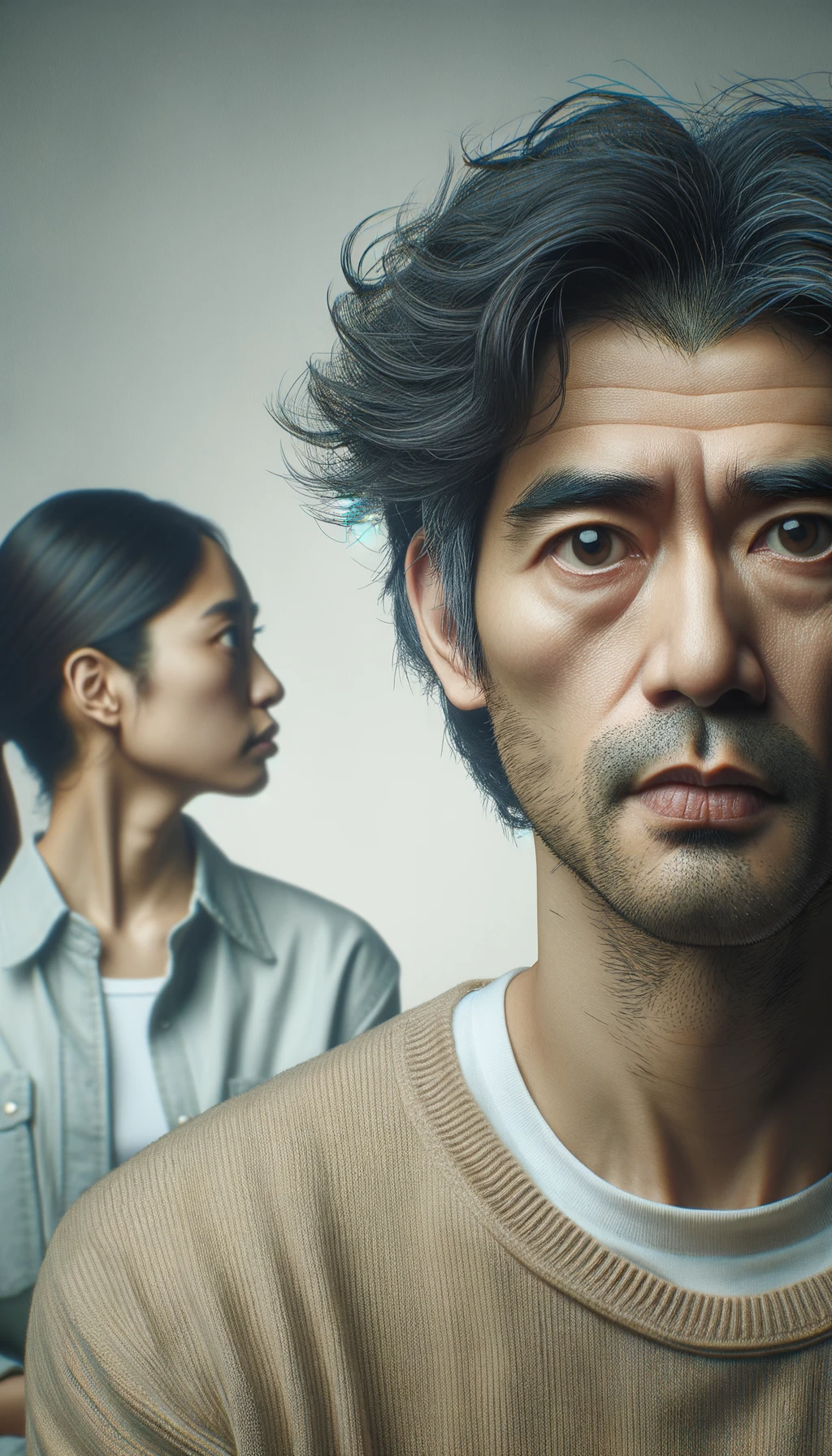 a close-up scene where one person, facing the viewer, is talking with clear emotion, while another person is shown from the back, their head slightly turned as they listen. The background is a clean, light color, enhancing the clarity and realism of the scene. Fine details in facial features, hair texture, and clothing are visible. emoji