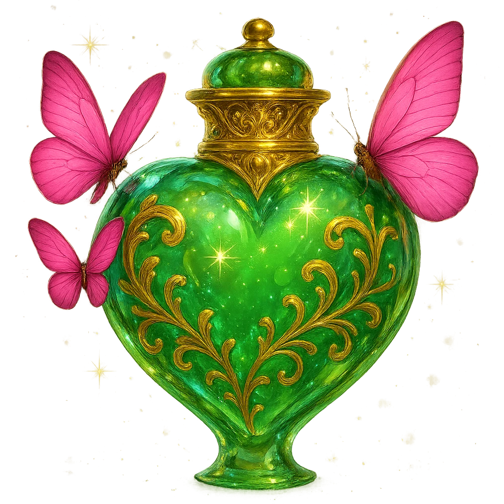 Add subtle magical effects around the bottle: glowing, stars, light dust, or delicate magical ornaments to make the bottle look more impressive. Keep the clear crystal effect, green heart shape, golden details, pink butterflies attached to the bottle, transparent background, beautiful merging bottom, floating in the air, and a small crown as the stopper on top. The design should be elegant, bright, with no base or shadow. Maintain the original style and elegance of the bottle while enhancing the magical atmosphere. emoji