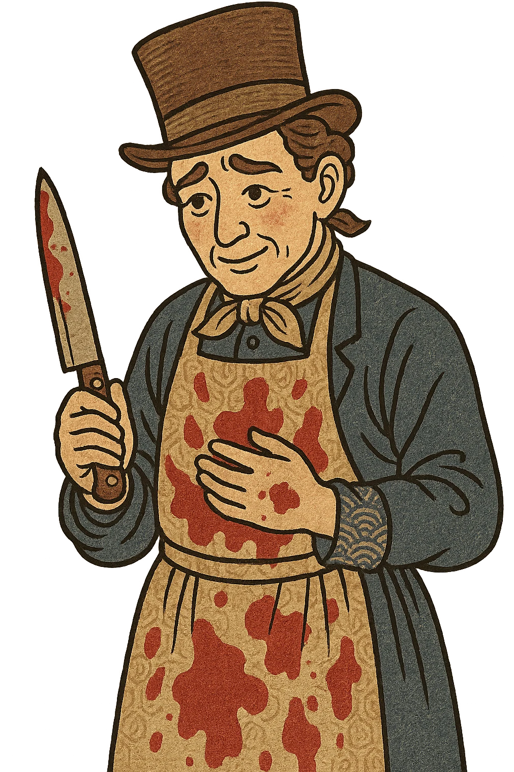 A victorian surgeon with a knife and bloody clothing with a caring face emoji