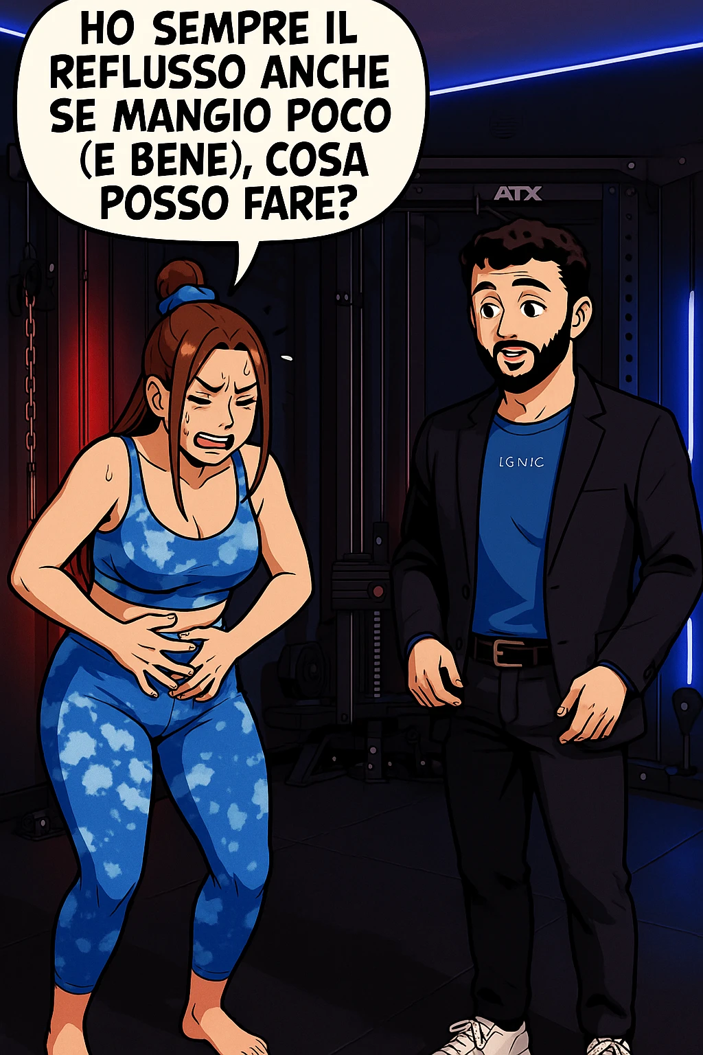 TRASFORMA QUESTO CAROSELLO IN UN FUMETTO STILE WEBTOON/MANGA A COLORI CON QUESTE DUE PERSONE IDENTICHE CHE INTERLOQUISCONO TRA LORO, LA DONNA è DISPERATA CON LE MANI sulla pania perché soffre di reflusso E STA DOMANDANDO TUTTA AGITATA UNA COSA ALL'UOMO:

LEI (DONNA): Ho sempre il reflusso anche se mangio poco (e bene), cosa posso fare?
 emoji