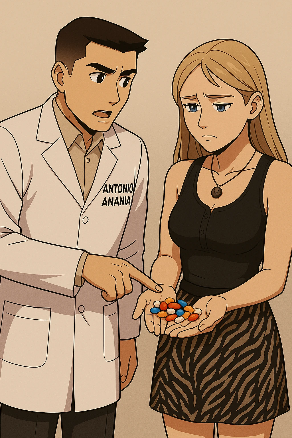 fai un webtoon/manga a colori con questo kinesiologo in camice bianco (fagli la scritta "ANTONIO ANANIA" SUL CAMICE) CHE PARLA CON QUESTA RAGAZZA CON GLI OCCHI AZZURRI. LA RAGAZZA HA UN PUGNO DI INTEGRATORI IN MANO (TANTE PILLOLE DIVERSE) E LE GUARDA DUBBIOSA. IL KINESIOLOGO CON IL CAMICE BIANCO LE TOCCA LA PANCIA CON UN DITO. NON FARE I FUMETTI, FAI SOLO LORO COME SE DIALOGASSERO emoji