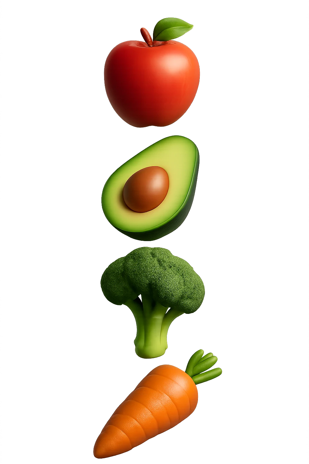 emoji stile iphone in 3d di cibo sano che fluttua in aria vericalmente, iperrealistico 4k emoji