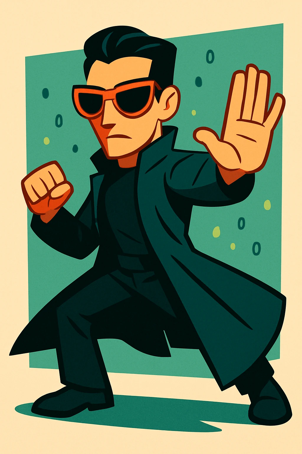 Neo from the Matrix, stylized cartoon, exaggerated sunglasses and coat, dynamic pose emoji