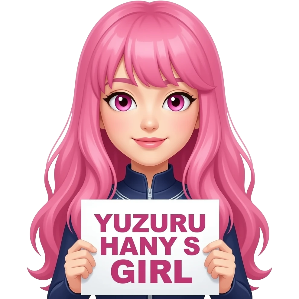 sexy girl with long pink hair and pink eyes holding YUZURU HANYU FAN GIRL sign emoji